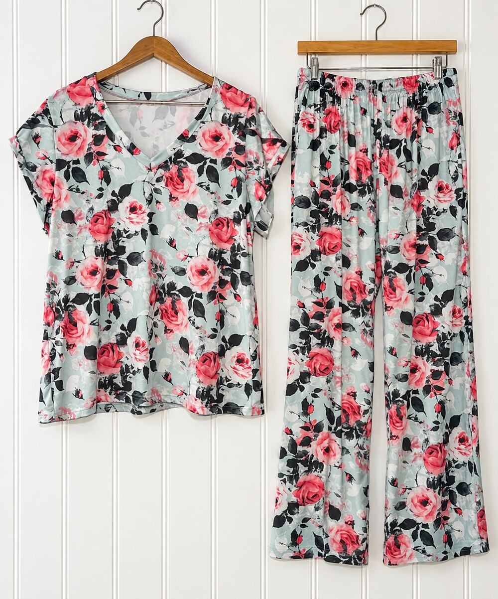 Ekouaer Pajama Set Womens XL Pink Floral Short Sleeve Top Pants 2 Piece Lounge